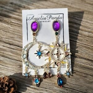 🌞 Gold-Tone Multicolor Sun & Moon Dangle Earrings - Purple Accent